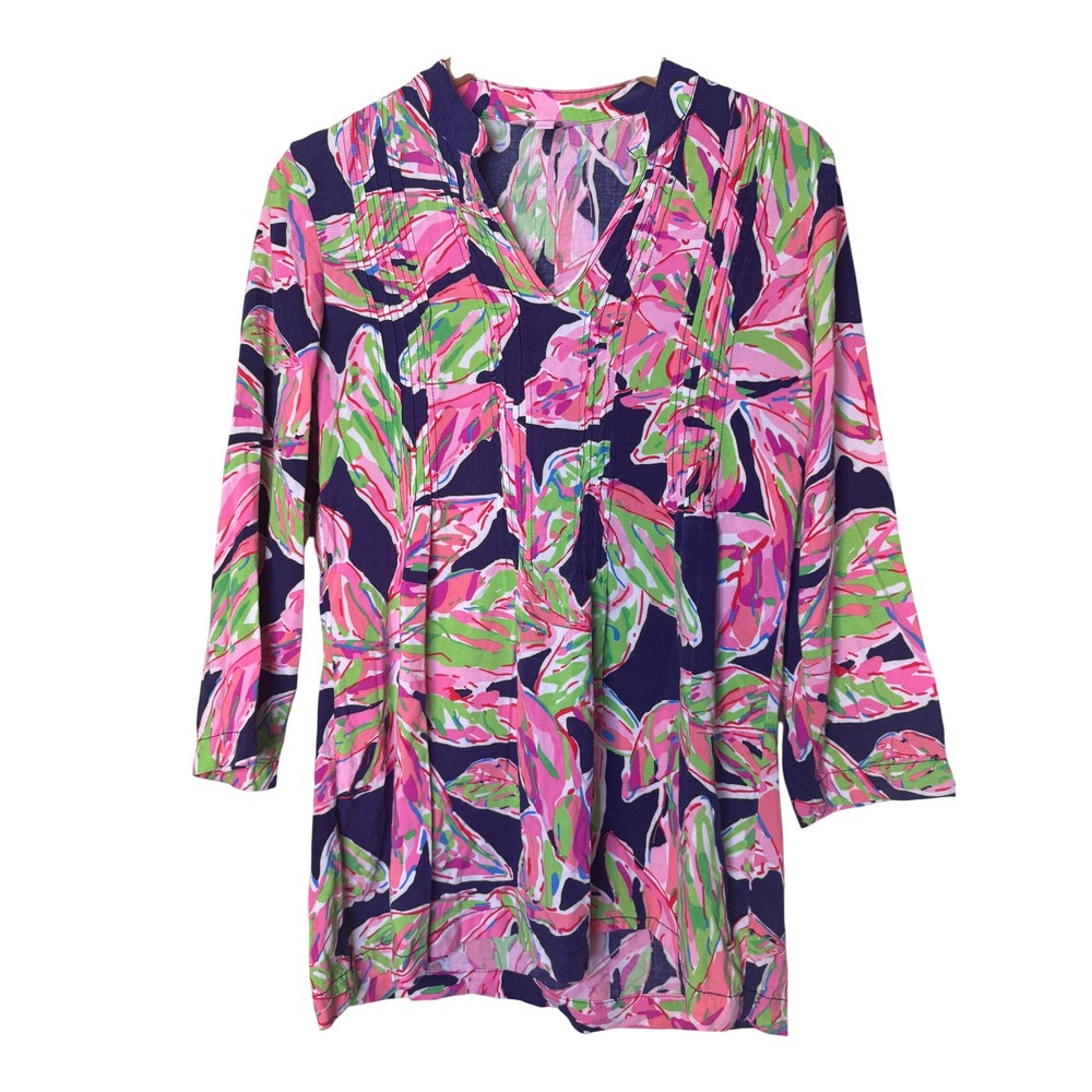 Lilly Pulitzer Elsa Tunic Top Pink Green Tropical Leaf Print Rayon Small S